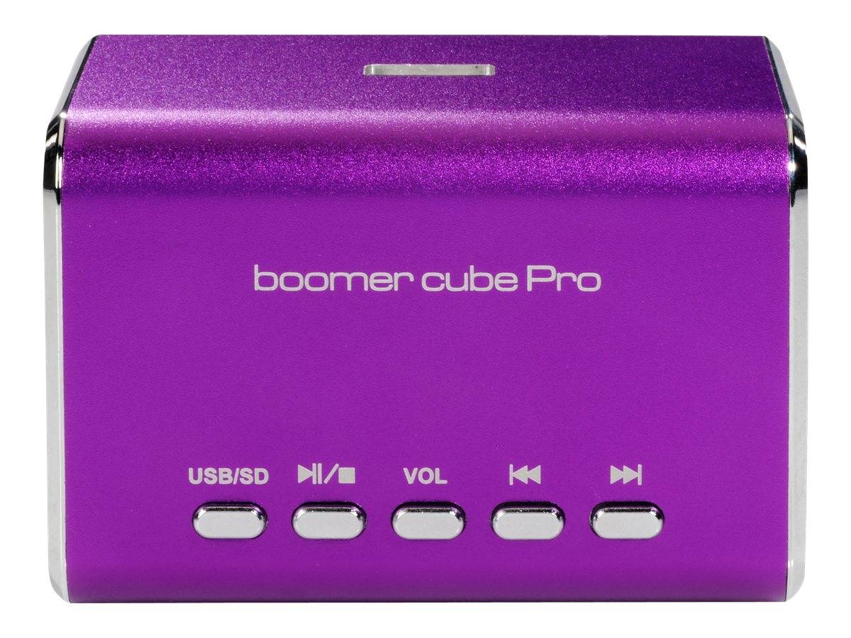 Tragbarer Purple Boomer Cube Pro Lautsprecher mit USB/SD-Wiedergabe und Lautstärke- sowie Titelschaltern an der Vorderseite.