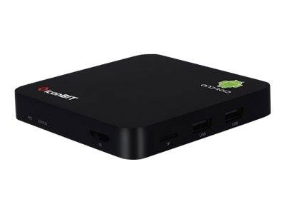 Schwarze Android TV Streaming Box mit USB- und HDMI-Anschlüssen, dargestellt in Dreiviertelperspektive auf weißem Hintergrund.