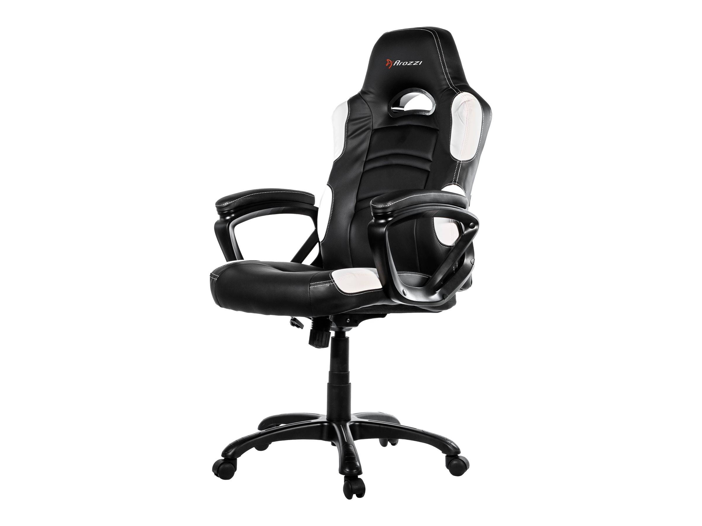 Schwarzweißer drehbarer Bürostuhl mit gepolstertem Sitz, Armlehnen und verstellbarer Basis auf fünf Lenkrollen.