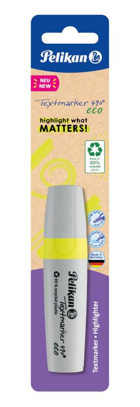 Verpackung eines Pelikan Textmarker 490 eco Gelb-Highlighters mit „Neu