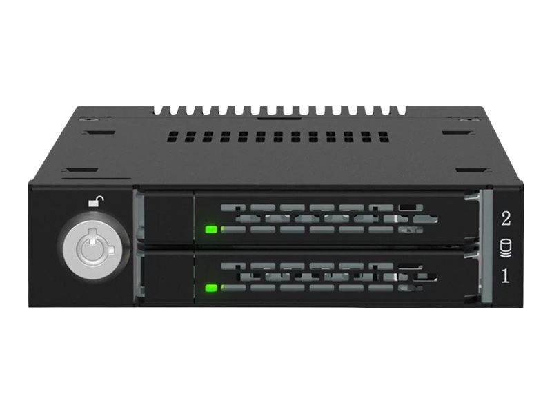 Vorderansicht eines zwei Schächte umfassenden, in ein Rack einbaubaren Speichergeräts mit Laufwerksschubladen, Status-LEDs und einem Schlüsselsperr auf der linken Seite.