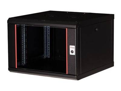 Schwarzer wandmontierter Server-/Netzwerk-Schrank mit offener Vorderseite und leeren Innenschienen