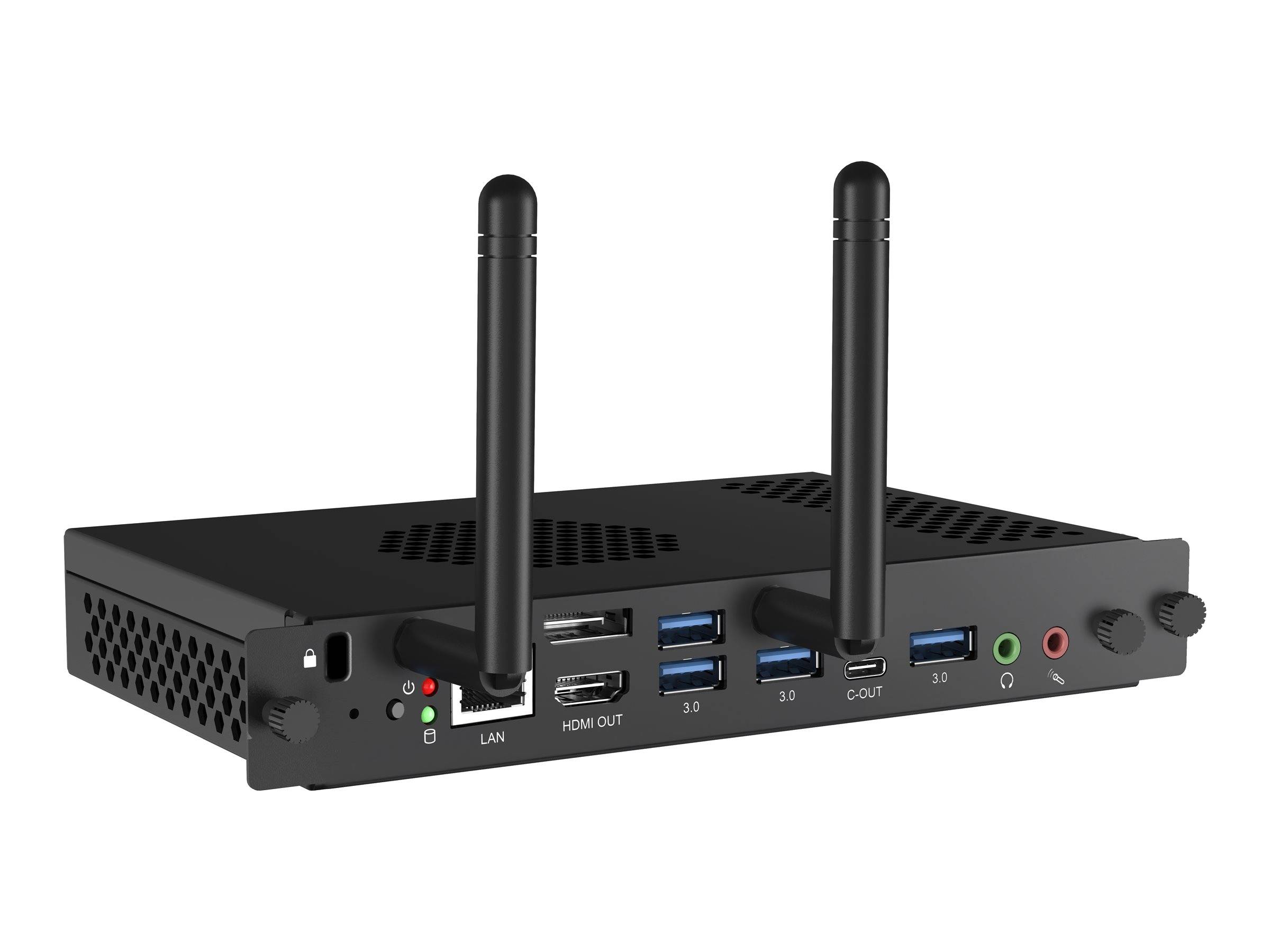 Kompakter schwarzer Mini-PC mit zwei Antennen, vorderen Anschlüssen einschließlich LAN, HDMI-Ausgang, USB 3.0, USB-C, Audiobuchsen und Ein-/Ausschalter.