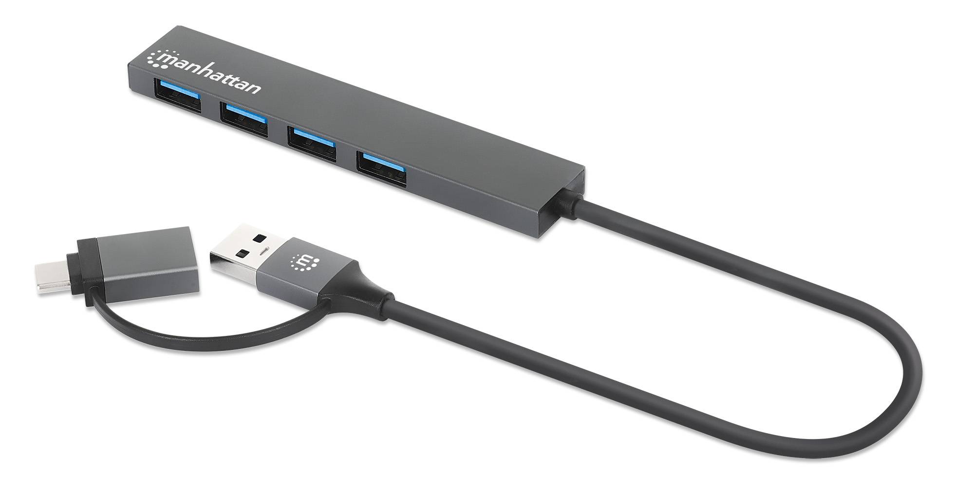 USB-Hub mit vier Anschlüssen, verbunden mit einem USB-Kabel.