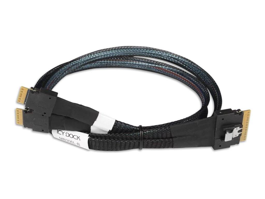 Geflochtenes schwarzes Kabel mit zwei goldenen Steckern, aufgerollt und mit einer Bindung gesichert, auf weißem Hintergrund dargestellt.
