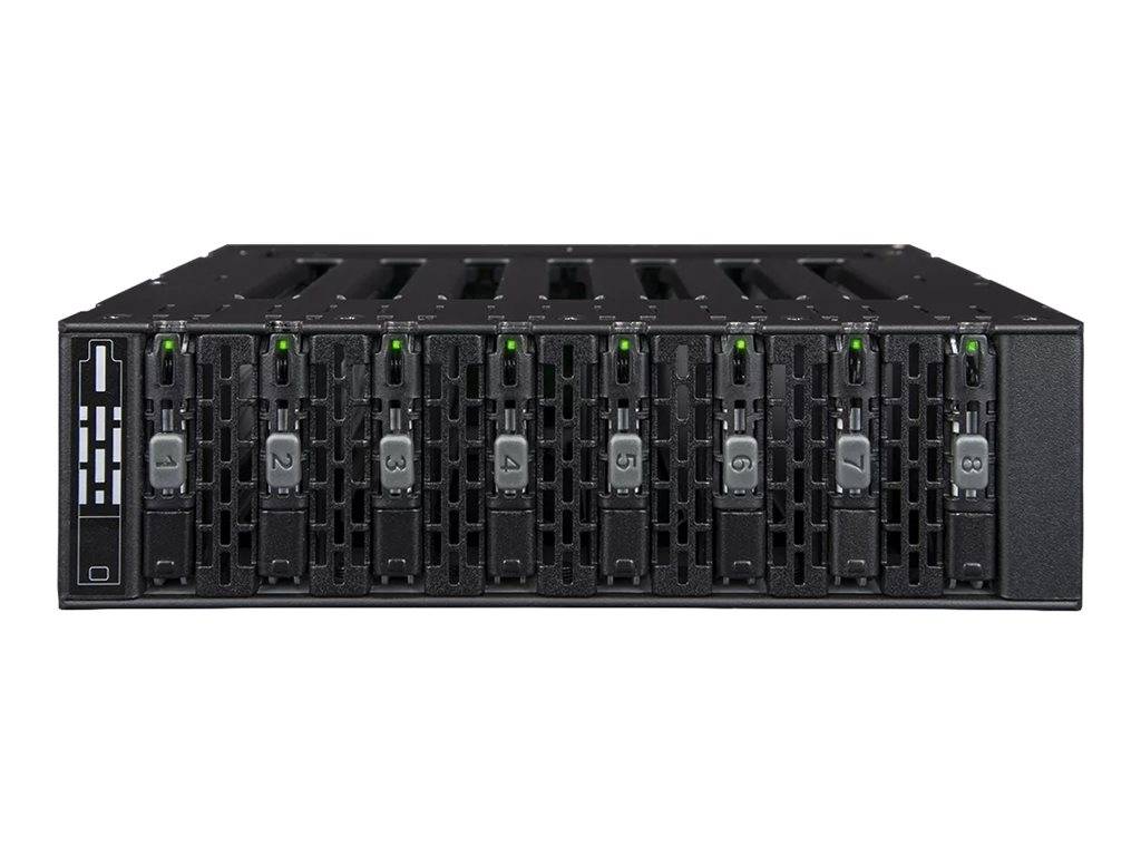 Frontansicht eines schwarzen Rack-Server-Gehäuses mit acht nummerierten Laufwerkschächten und Statusleuchten auf weißem Hintergrund.