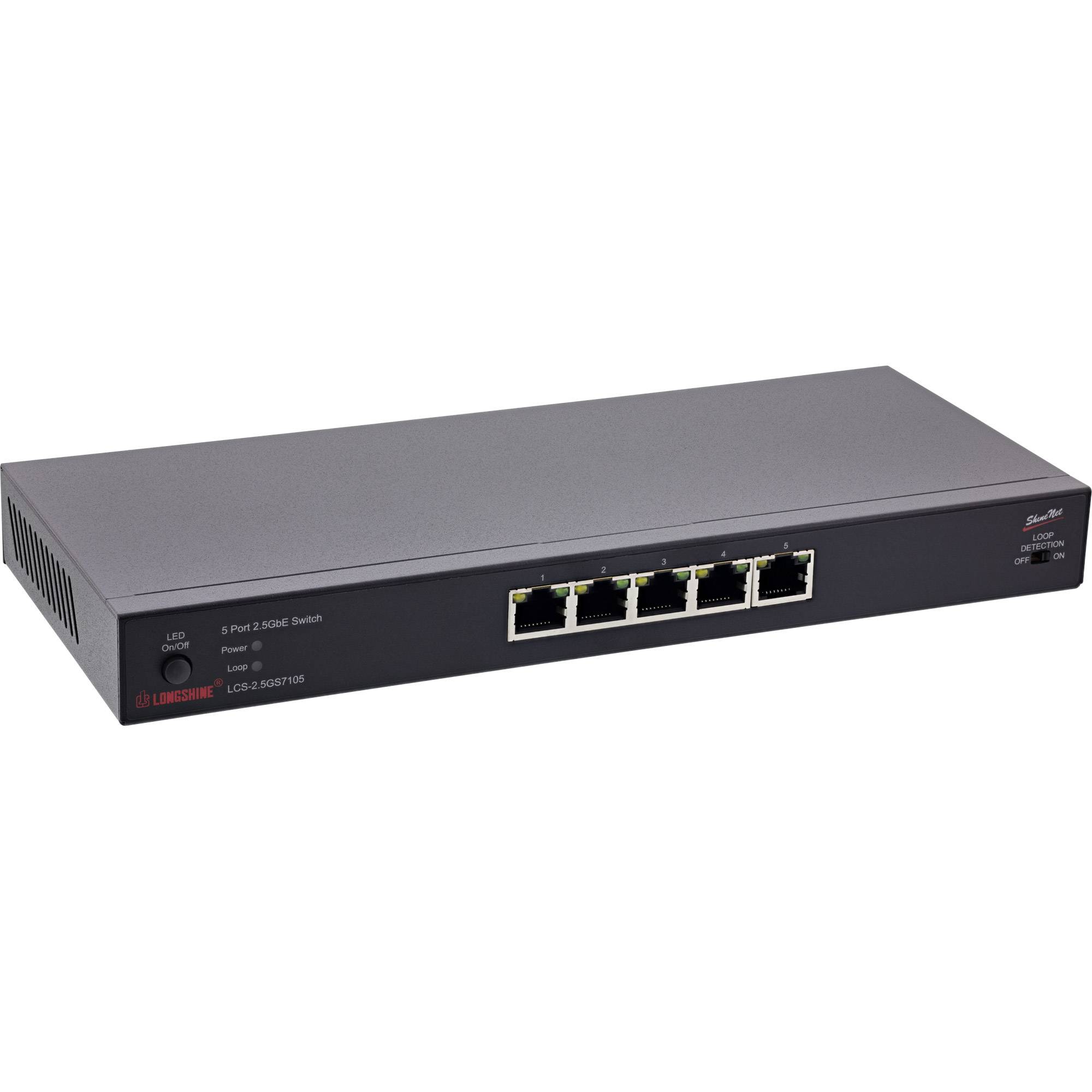 Schwarzer 8-Port-Gigabit-Ethernet-Switch mit fünf RJ45-Anschlüssen an der Vorderseite und LED-Indikatoren auf der linken Seite.