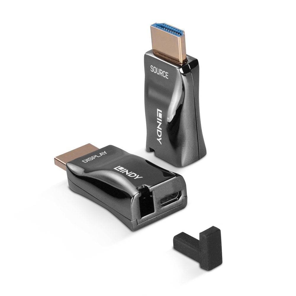Zwei schwarze LINDY HDMI-Adapter mit den Beschriftungen „SOURCE