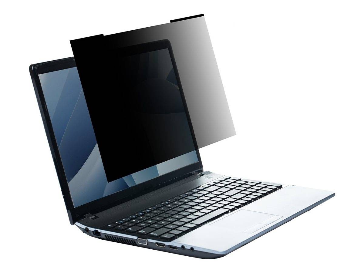 Aufgeklappter Laptop mit einer dunklen, halbdurchsichtigen Bildschirmüberlagerung, die darüber schwebt und Bildschirmschutz oder Anzeigeschutz andeutet.
