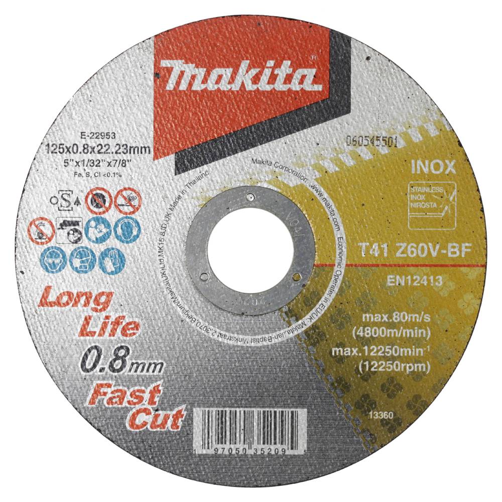 Makita Trennscheiben INOX, Z60V, 12Stk. 12 Stk. • 125 x 0,8 mm • 22,23 mm • Z60V • Rostfreier Stahl