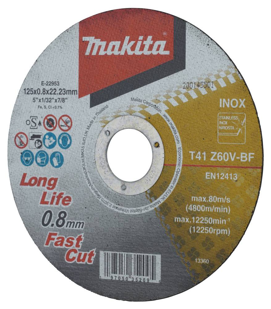 Makita Trennscheiben INOX, Z60V, 12Stk. 12 Stk. • 125 x 0,8 mm • 22,23 mm • Z60V • Rostfreier Stahl