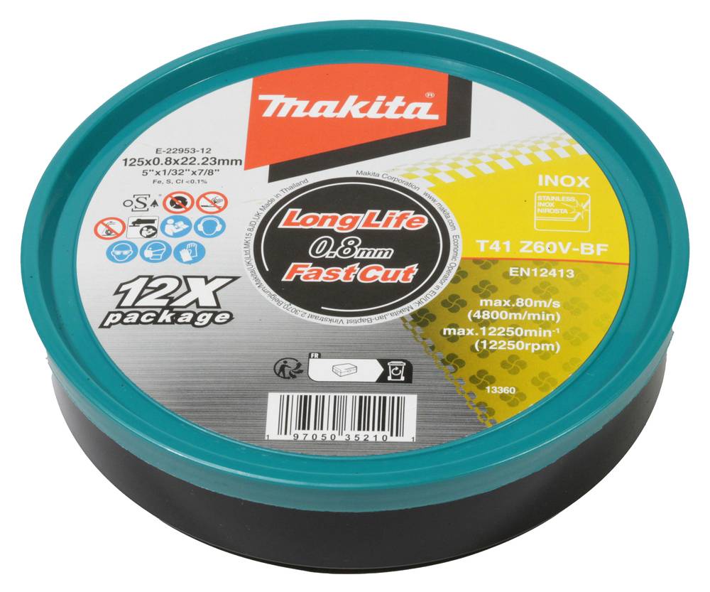 Makita Trennscheiben INOX, Z60V, 12Stk. 12 Stk. • 125 x 0,8 mm • 22,23 mm • Z60V • Rostfreier Stahl