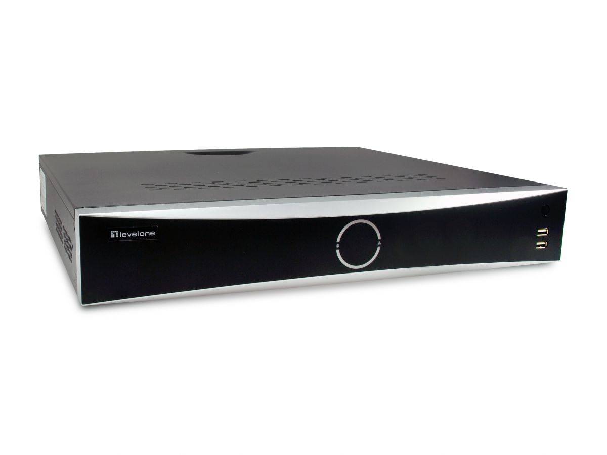 Schwarze Fernseh-Set-Top-Box mit kreisförmiger Frontsteuerung und zwei USB-Anschlüssen auf der rechten Seite, dargestellt auf weißem Hintergrund.