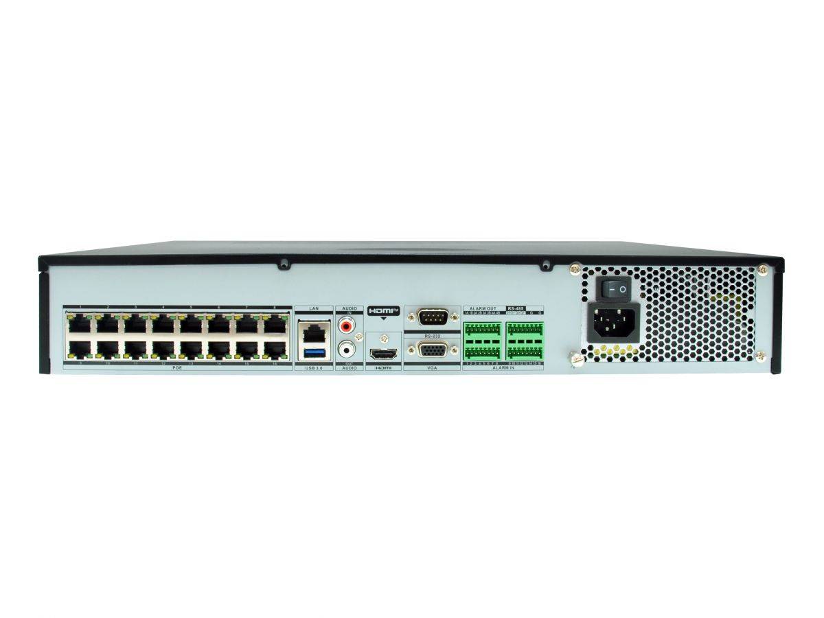 Rückansicht einer Netzwerkkomponente mit 16 Ethernet-Anschlüssen, seriellen und USB-Anschlüssen, Videoausgängen, grünen Anschlussklemmen und einer Stromversorgungsbuchse.