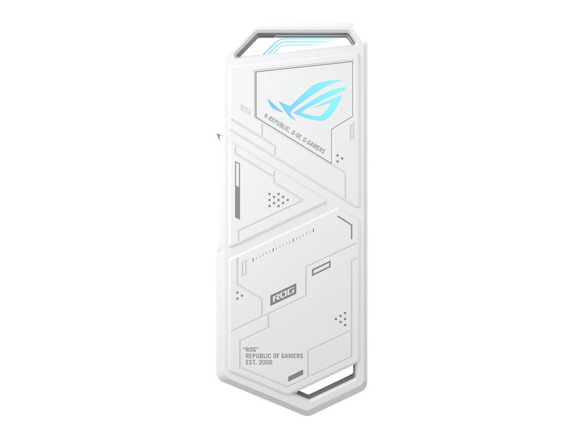 Weißes ROG-Gehäusepanel mit eckiger Science-Fiction-Optik und blauen Logo-Akzenten auf neutralem Hintergrund.
