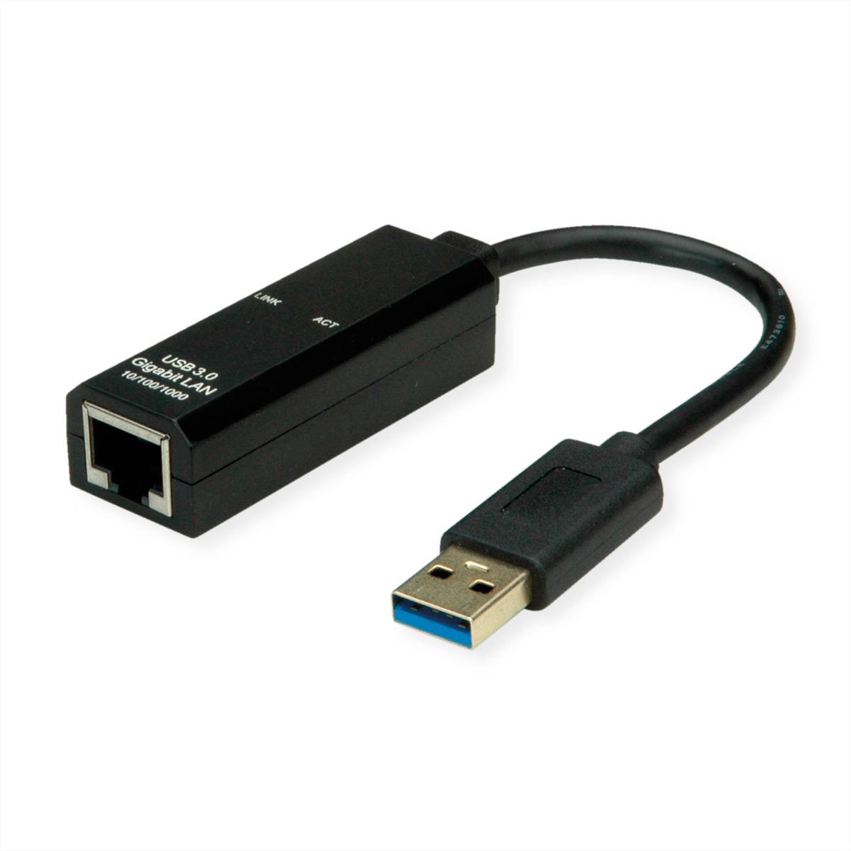 USB 3.0 zu Ethernet-Adapter mit USB-Stecker und RJ45-Anschluss auf einem kurzen schwarzen Kabel.