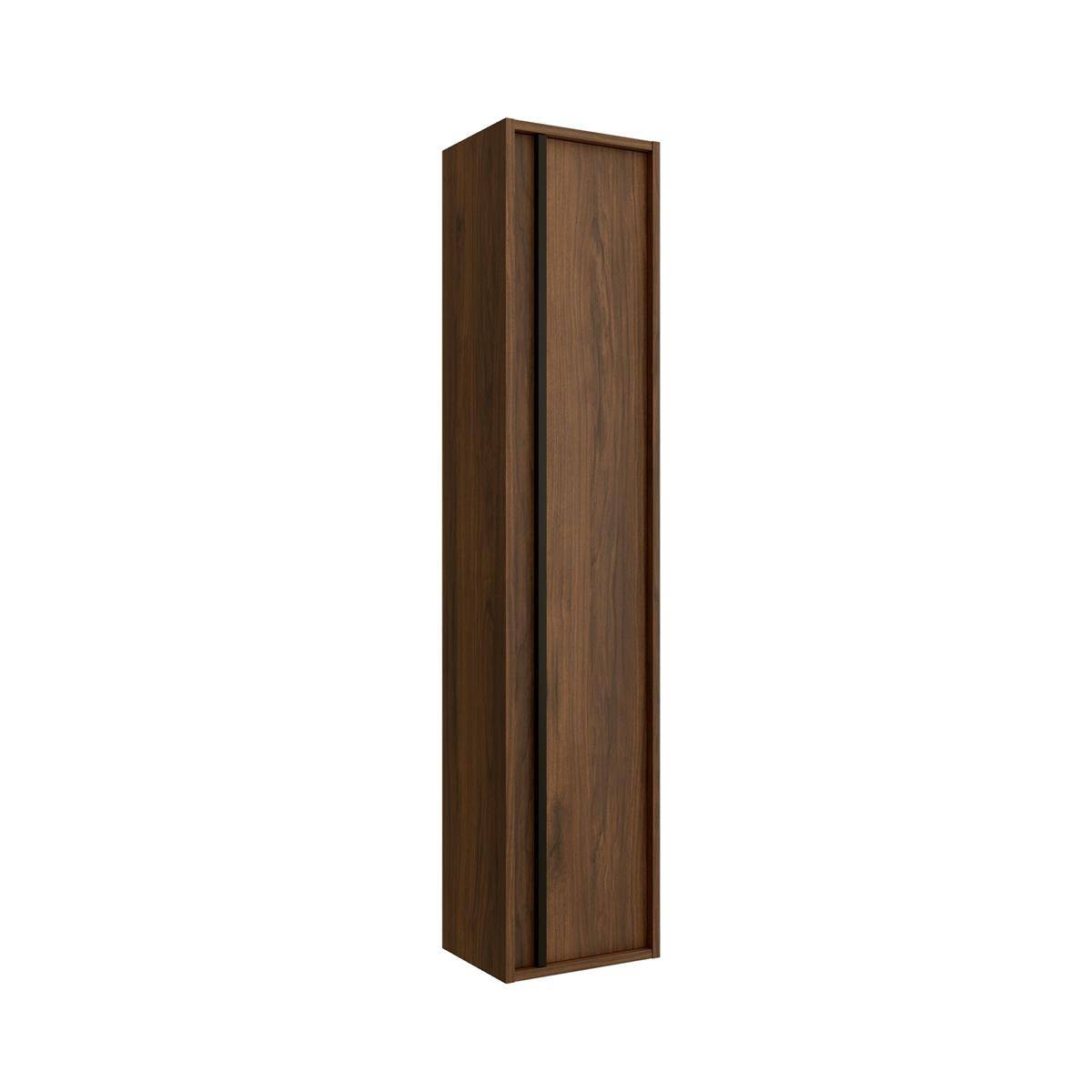 Hoher, schmaler Wandschrank oder Lagerkiste aus Holz mit dunklem Holzfinish, isoliert auf weißem Hintergrund dargestellt.