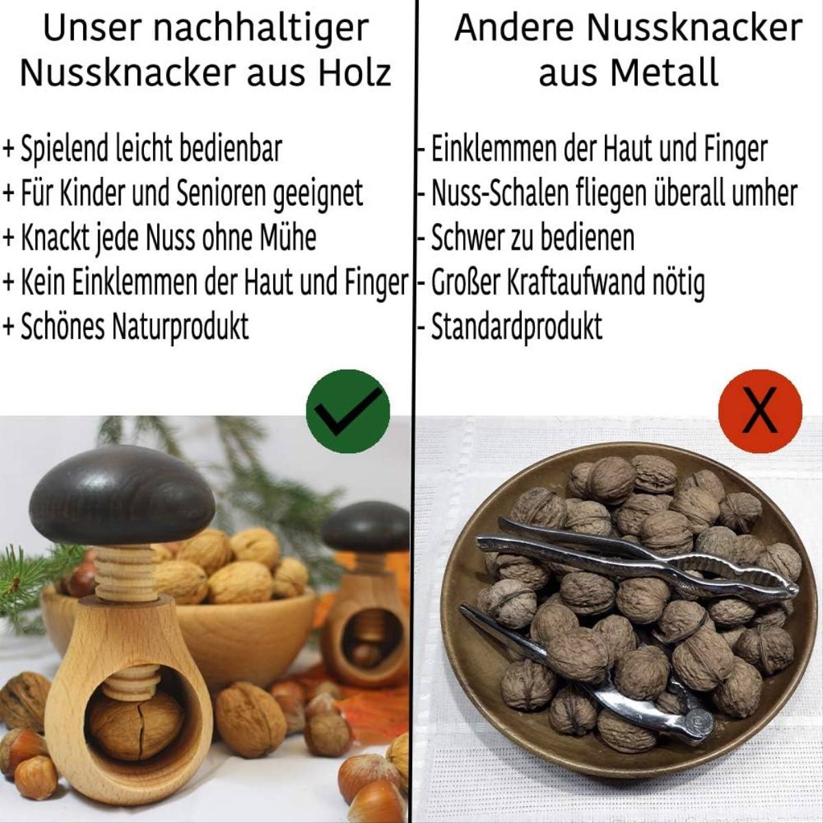 Neustanlo | Nussknacker 3er Set | Fliegenpilzdesign in Rot | massives Buchenholz | Schraubgewinde | klassischer Charme | ideal für Walnüsse und Hase