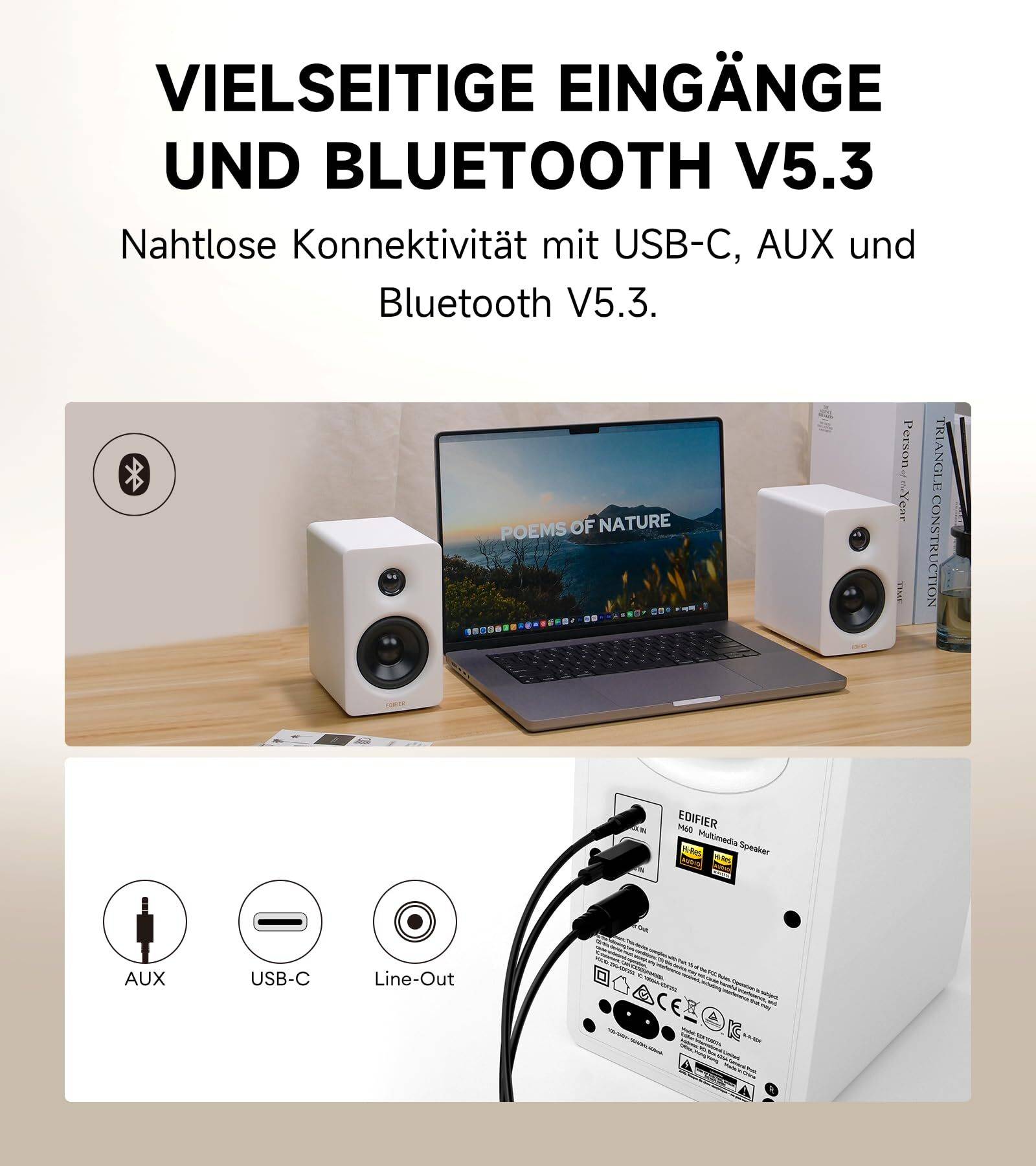 Edifier M60 Bluetooth Multimedia Lautsprecher, 66W RMS, Hi-Res LDAC, USB-C, Desktop Speaker, Weiß