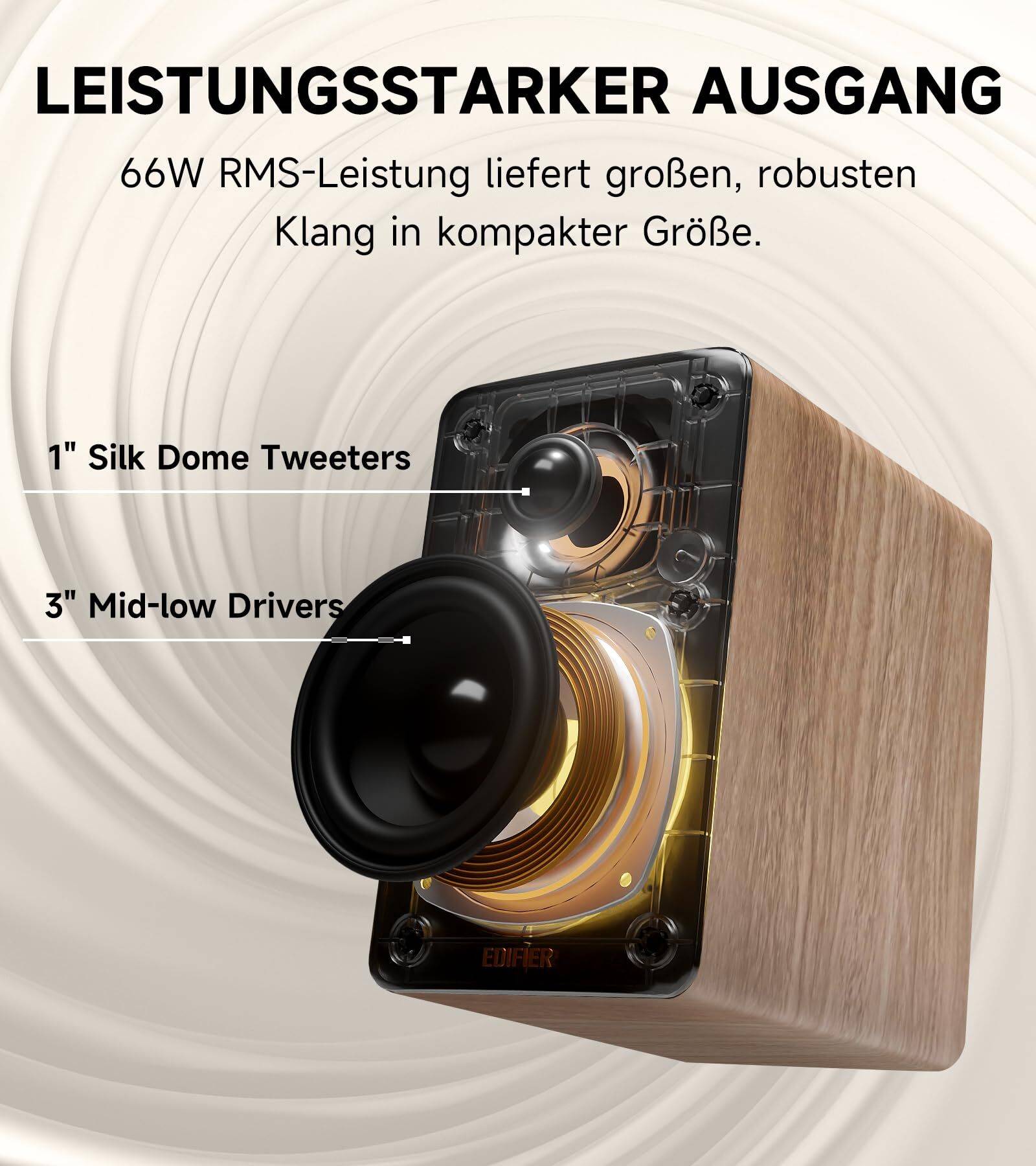 Edifier M60 Bluetooth Multimedia Lautsprecher, 66W RMS, Hi-Res LDAC, USB-C, Desktop Speaker, Oak