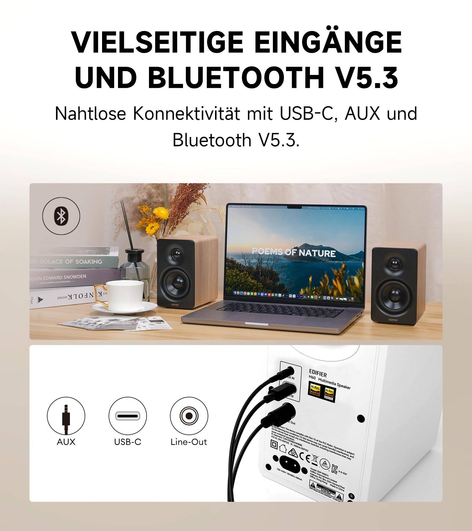 Edifier M60 Bluetooth Multimedia Lautsprecher, 66W RMS, Hi-Res LDAC, USB-C, Desktop Speaker, Oak