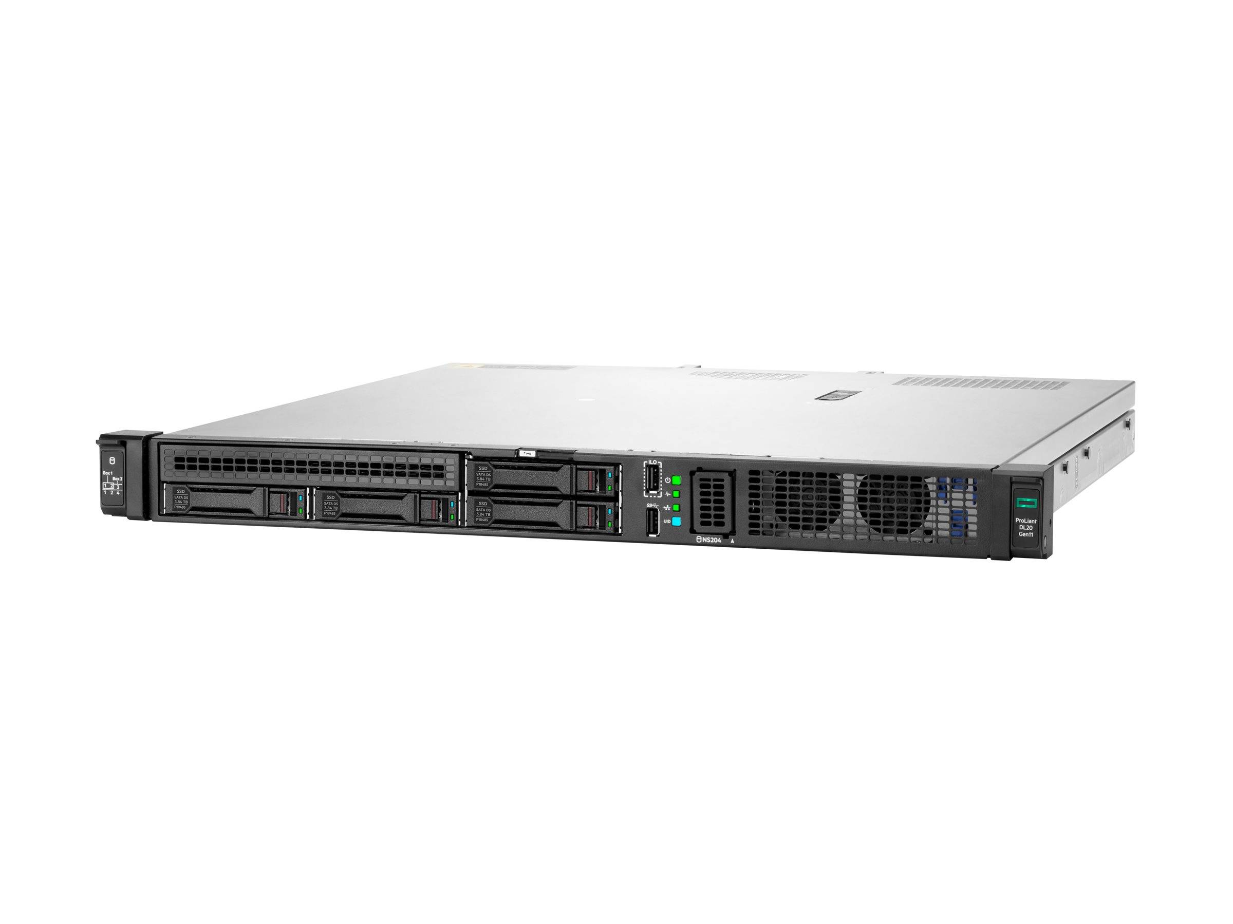 Ein schwarzer und silberner Netzwerkserver mit mehreren Festplattenschächten und Anzeigelichtern, konzipiert für Datenspeicherung und -verarbeitung in einer Rack-Einbaukonfiguration.