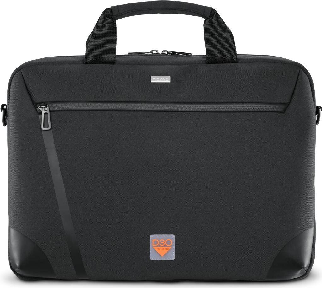 Schwarze Laptop-Aktentasche mit Tragegriffen oben, Reißverschlusstasche vorn und kleinem orangefarbenem Logo auf der Vorderseite.