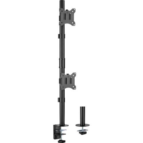 Schwarze Dual-Monitor-Schreibtischhalterung mit verstellbaren Armen und VESA-Platte, mit vertikalem Pfosten und Klemmfuß für Stabilität.