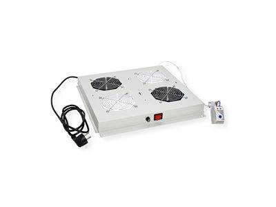 Deckenventilator mit vier kreisförmigen Lüftungsöffnungen und angebrachtem Stromkabel, entwickelt für effiziente Luftzirkulation in geschlossenen Räumen.