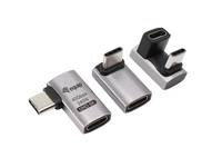 Drei kleine USB-C-Adapter-Stecker in Silber und Schwarz, gezeigt auf weißem Hintergrund.