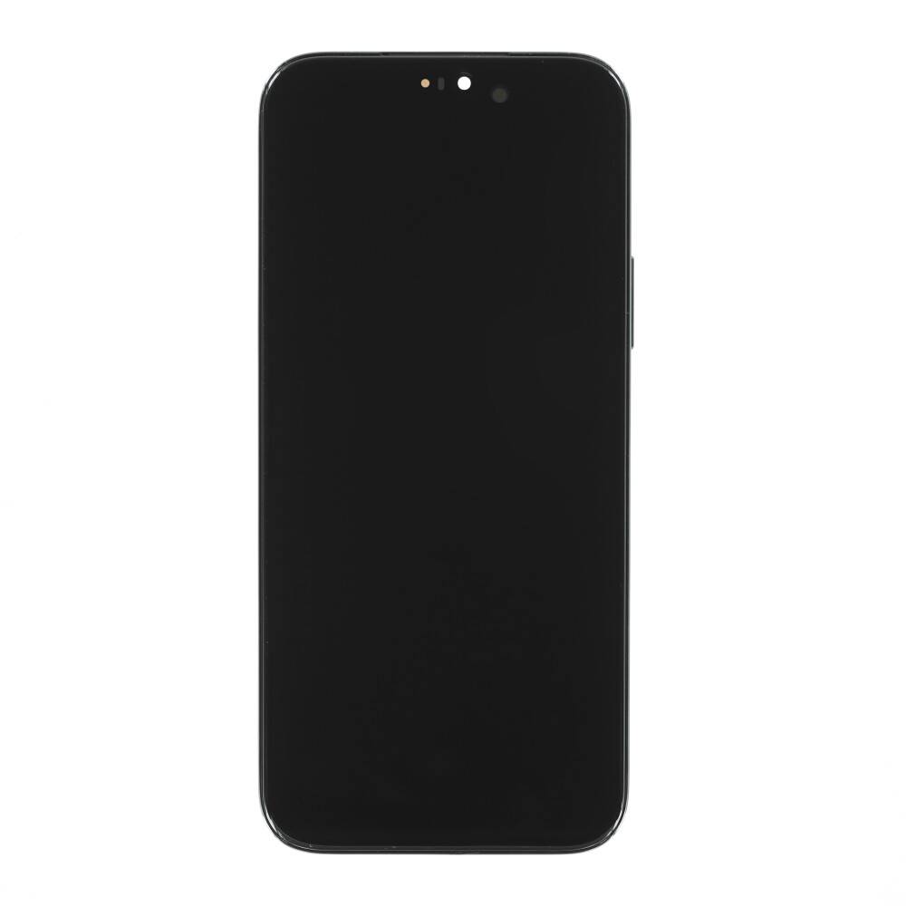 Ein schwarzes Smartphone mit leerem Bildschirm, Vorderansicht, vor weißem Hintergrund.