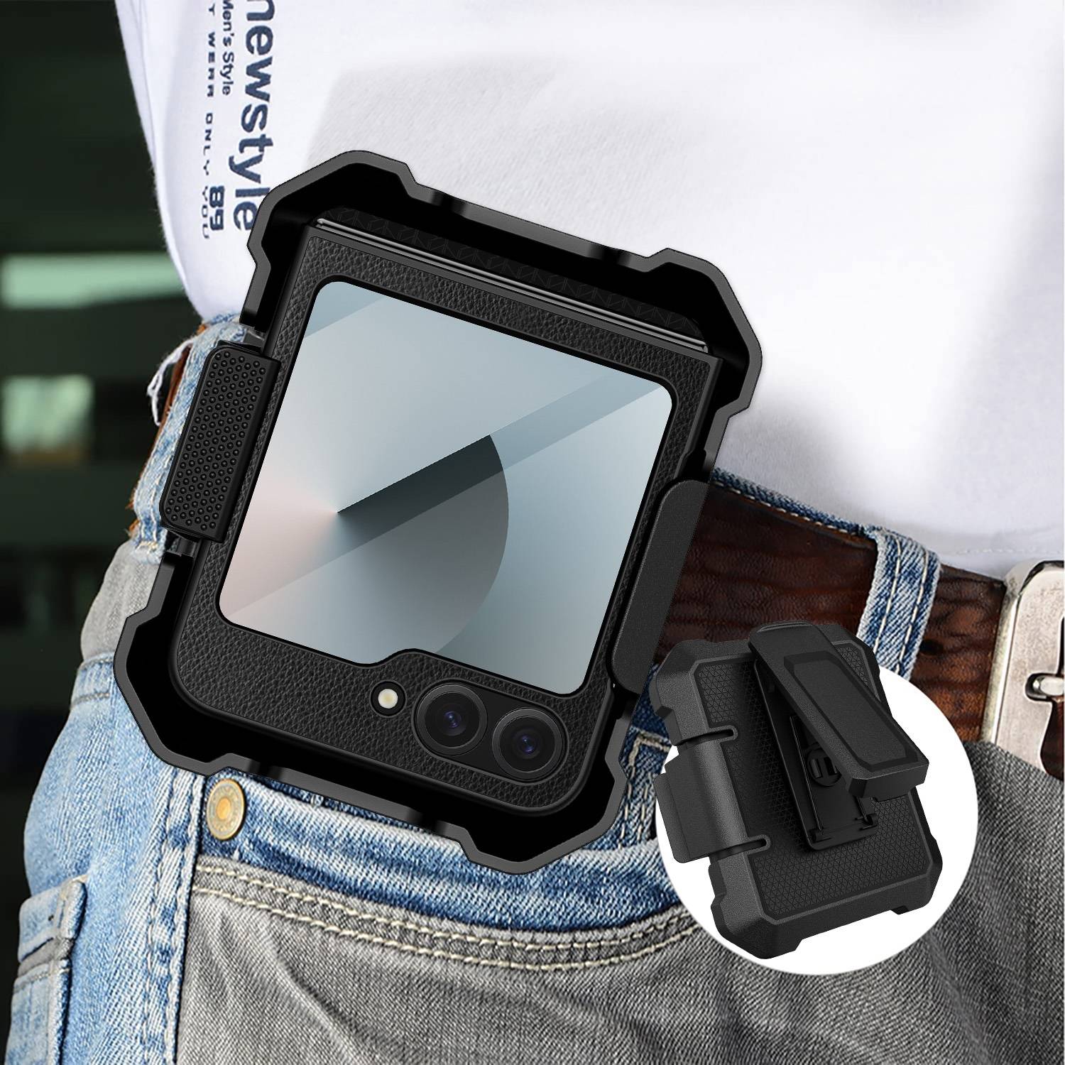 Für Samsung Galaxy Z Flip6 Hybrid Kunst Leder Handy Hülle mit Rückclip
