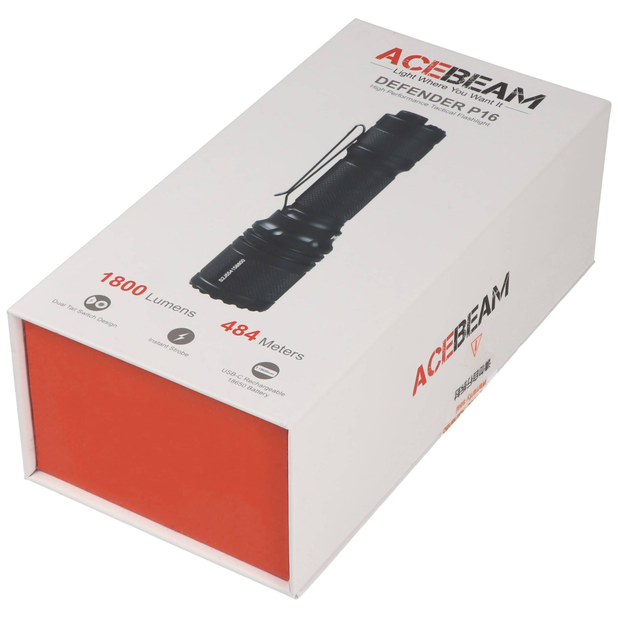 AceBeam P16 taktische Taschenlampe, Defender P16, Dual Tail Switch Design, inklusive AceBeam 18650 3100mAh Akku