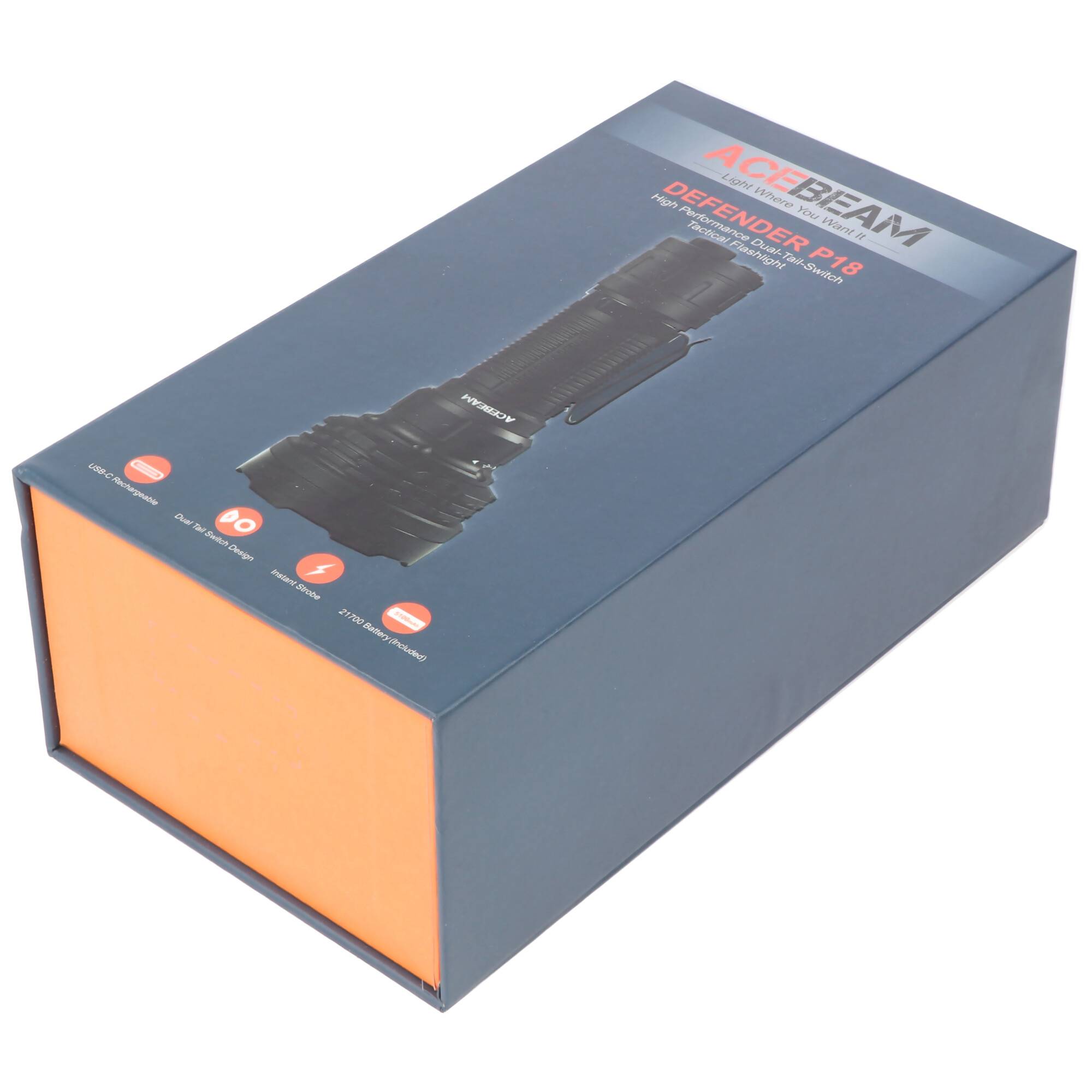 AceBeam P18 Defender Taschenlampe, AceBeam P18, max. 5.000 Lumen, inklusive AceBeam Li-Ion 21700 5.100mAh Akku