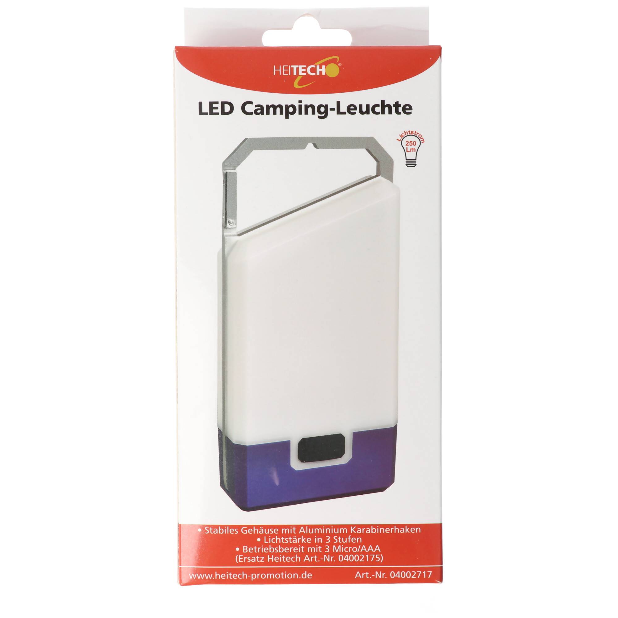 Heitech LED Camping Leuchte mit 3 Leuchtstufen, 250 Lumen, integrierter Karabinerhaken, inklusive 6x Micro, AAA Batterie