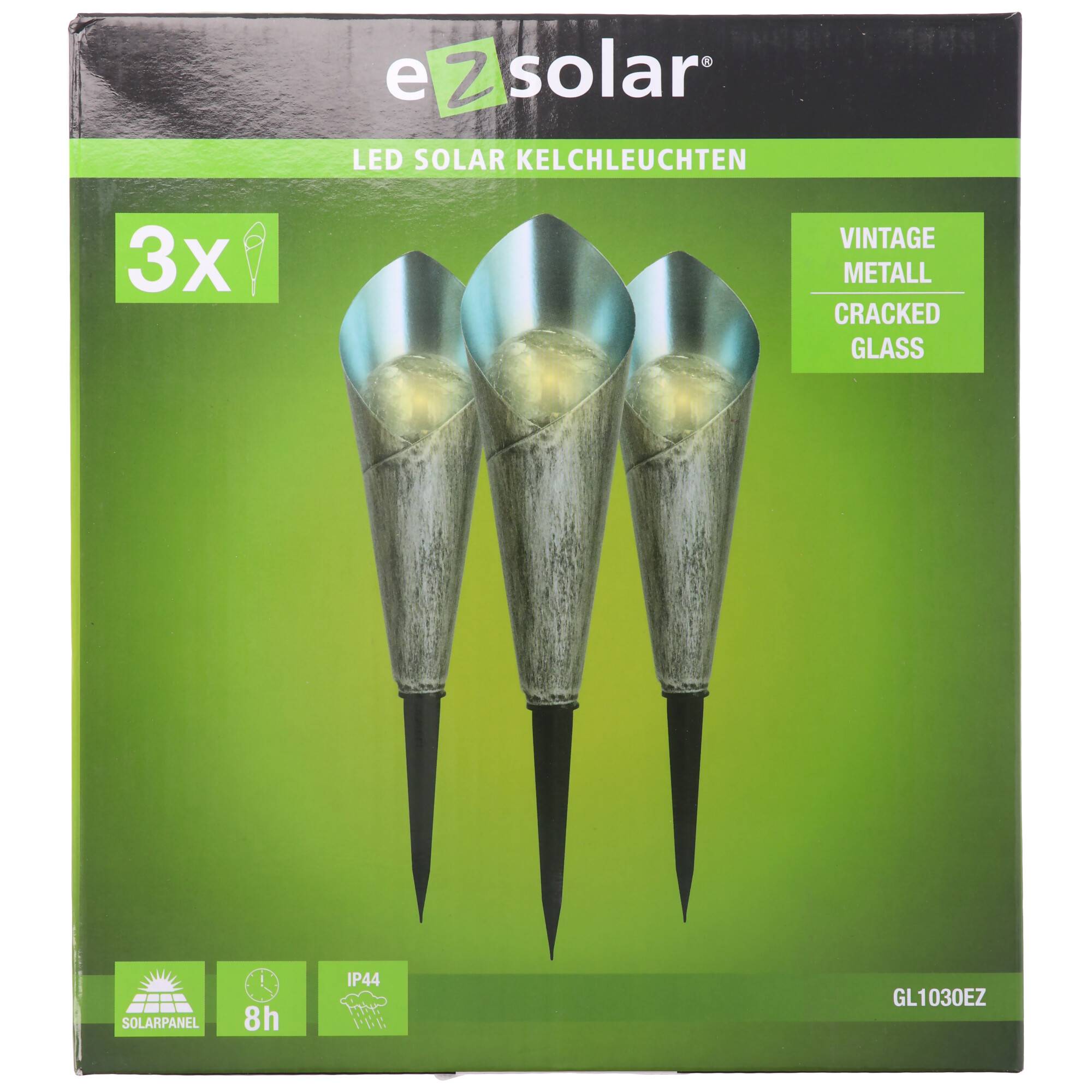 3 Stück LED-Gartenleuchte Solar GL1030EZ, Cracked Glass, Vintage Metal Optik, warmweiße LED, inkl. Akkus