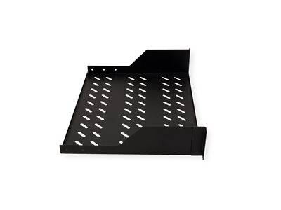 Schwarzes Metallregal mit Belüftungsschlitzen, konzipiert zur Montage in einem Serverrack oder Schrank und bietet Halterung für Geräte.