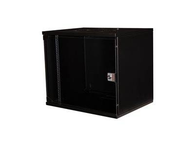 Ein schwarzer wandmontierter Server-Rack-Schrank mit transparenter Frontblende und Schloss. Geeignet zur Lagerung von Netzwerk- oder IT-Ausrüstung.