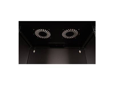 Draufsicht eines schwarzen Schranks mit zwei kreisförmigen Belüftungsventilatoren und zwei inneren Glühbirnen, entwickelt für effiziente Luftzirkulation und Sichtbarkeit.