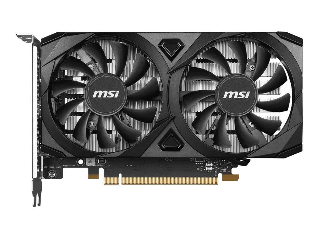 MSI Grafikkarte mit Dual-Fan auf weißem Hintergrund, zeigt die Vorderseite der GPU mit PCIe-Anschluss und Metallhalterung.