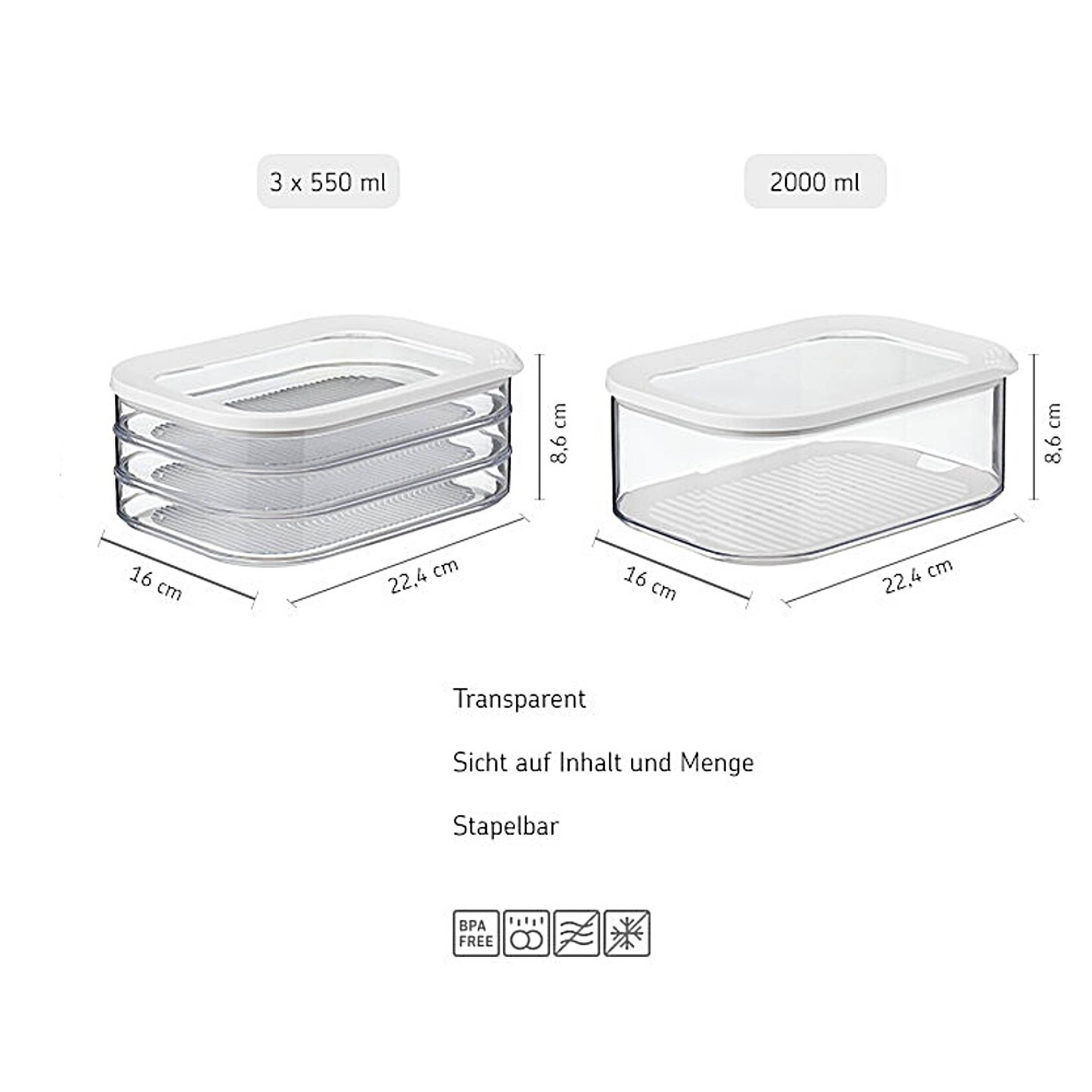 Mepal | Modula Set – Kühlschrankdosen | 550 ml | durchsichtig mit weißem Deckel | perfekt für Aufschnitt | stapelbar | spülmaschinengeeignet