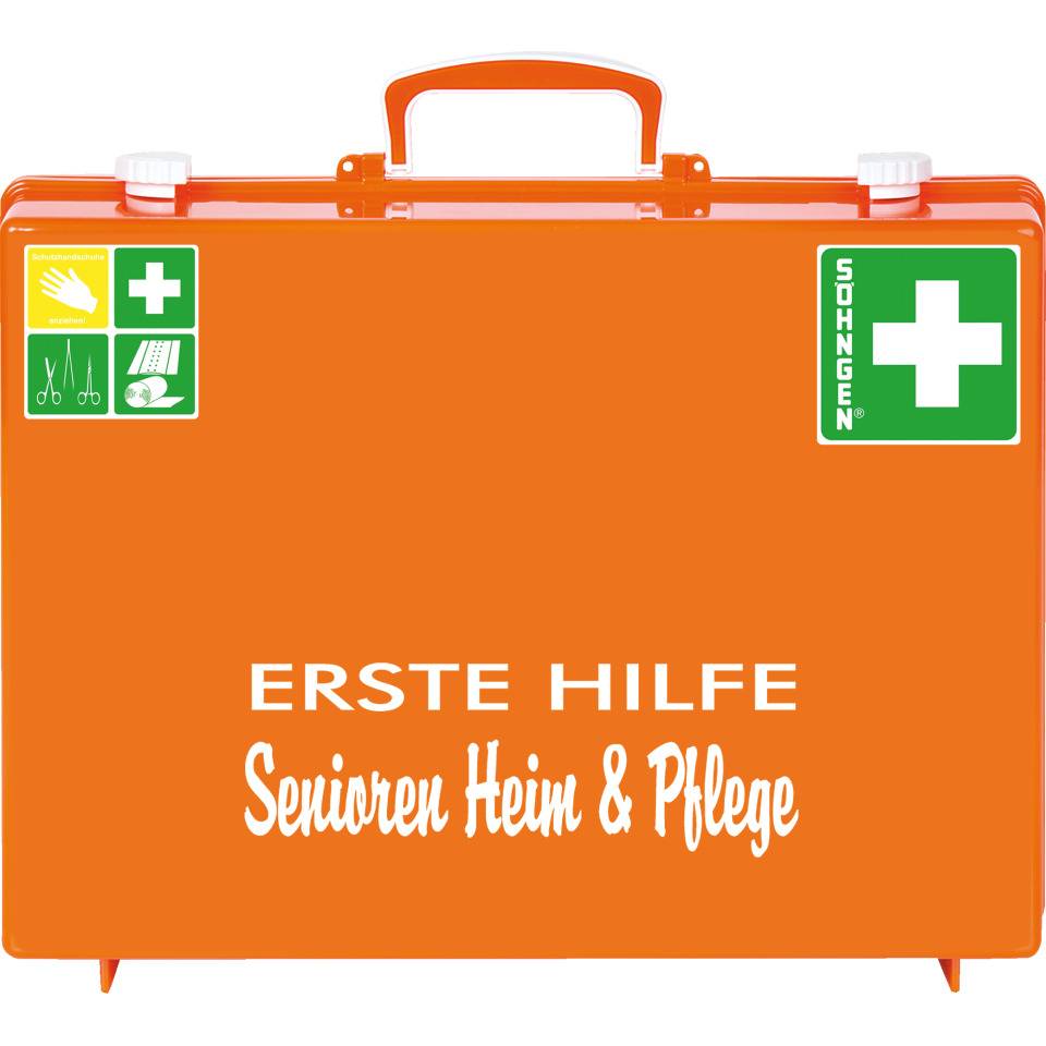 SÖHNGEN® Erste-Hilfe-Koffer Senioren Heim u.Pflege, DIN 13157:2021, orange, Wandhalterung