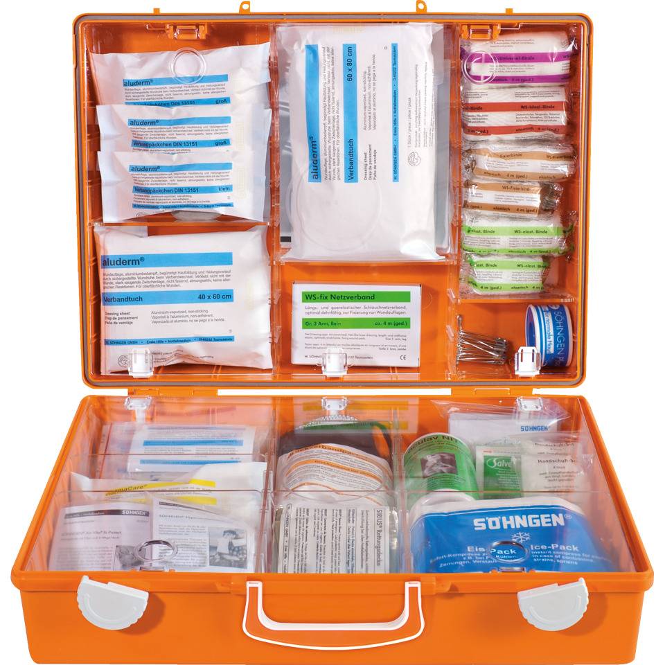 SÖHNGEN® Erste-Hilfe-Koffer Senioren Heim u.Pflege, DIN 13157:2021, orange, Wandhalterung
