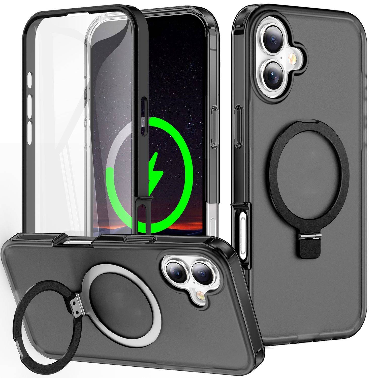 Für Apple iPhone 16 Plus Frosted Skin Feel MagSafe Ring Halterung 360-Grad Hülle Schwarz