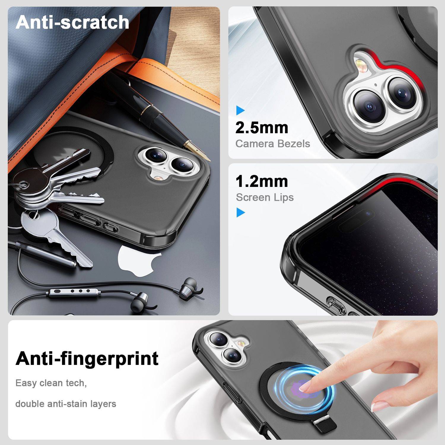 Für Apple iPhone 16 Plus Frosted Skin Feel MagSafe Ring Halterung 360-Grad Hülle Schwarz