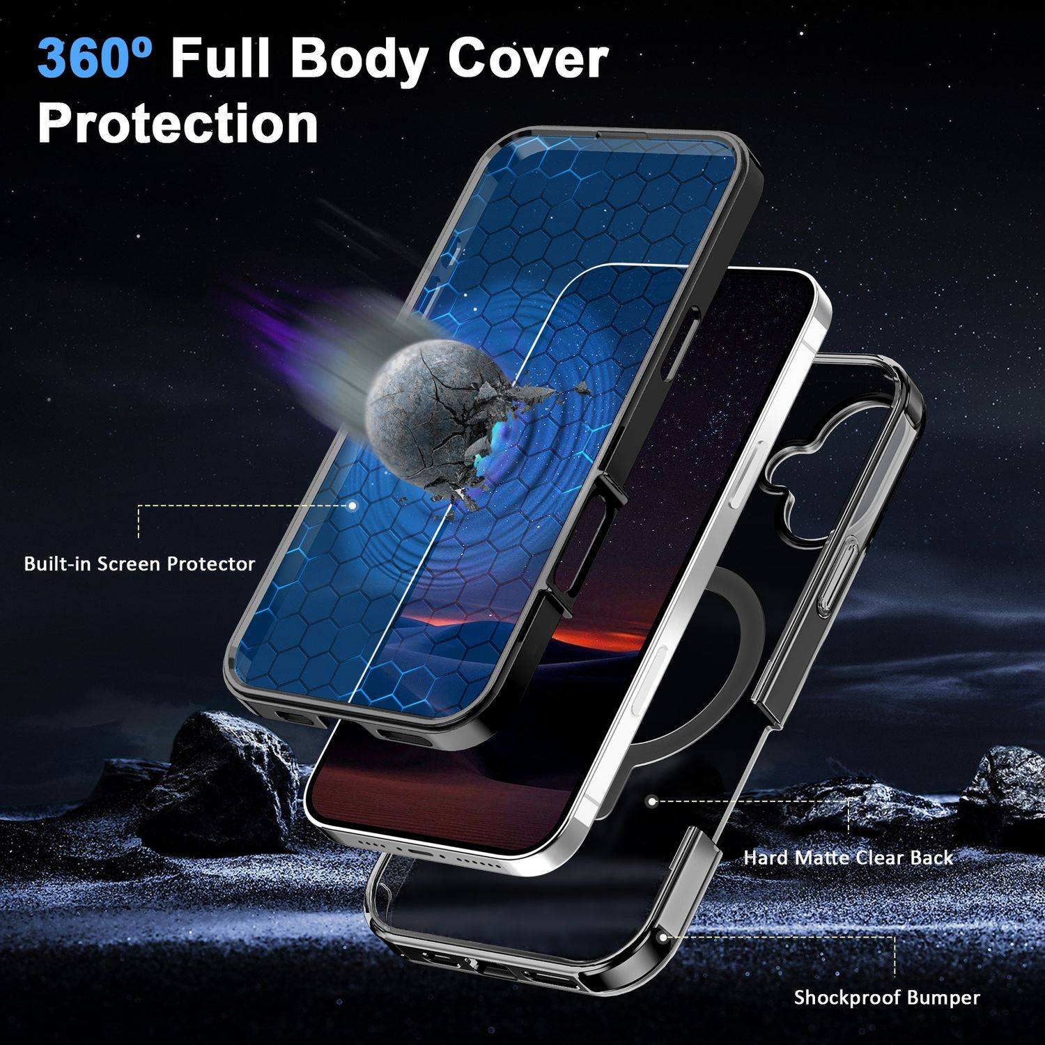 Für Apple iPhone 16 Plus Frosted Skin Feel MagSafe Ring Halterung 360-Grad Hülle Schwarz