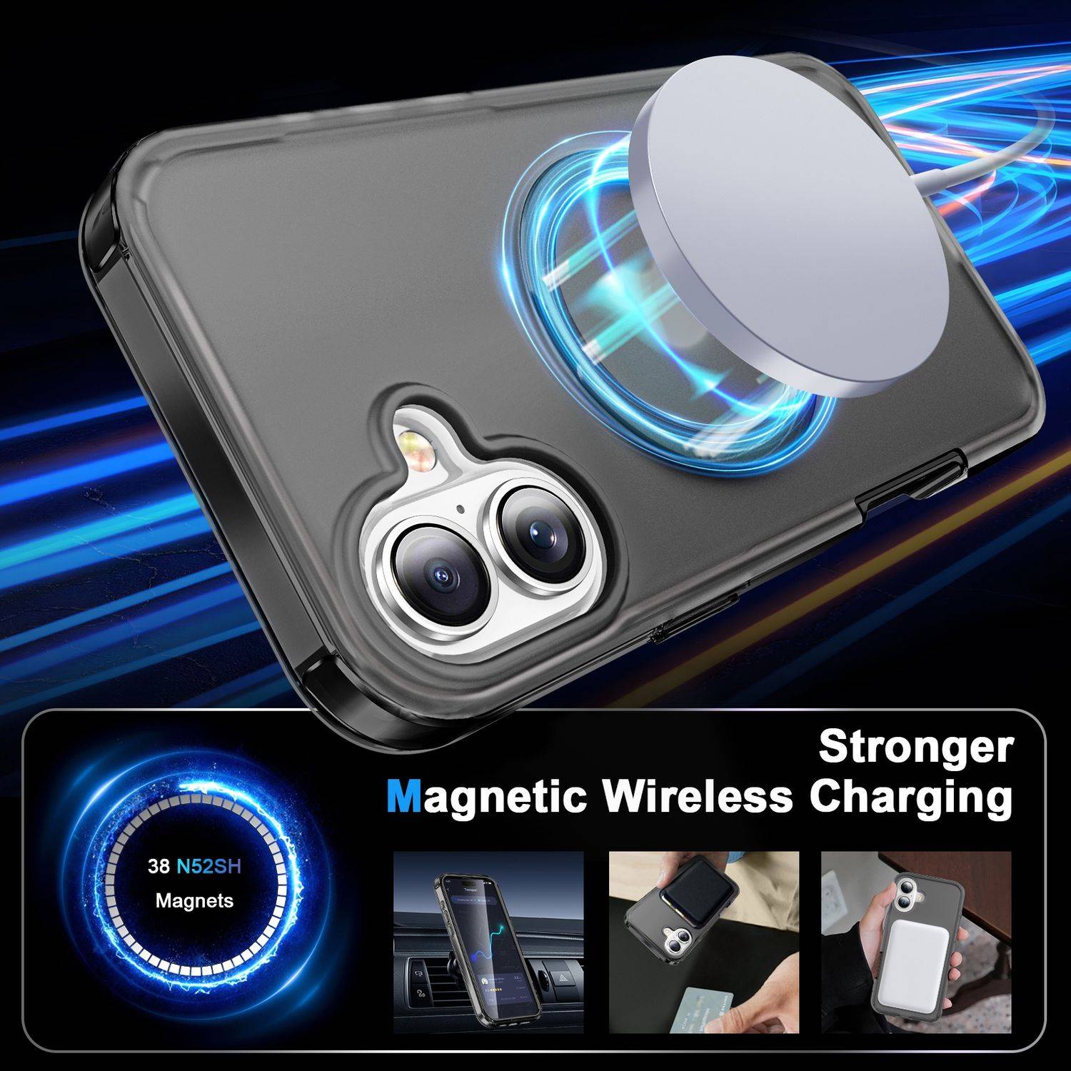 Für Apple iPhone 16 Plus Frosted Skin Feel MagSafe Ring Halterung 360-Grad Hülle Schwarz