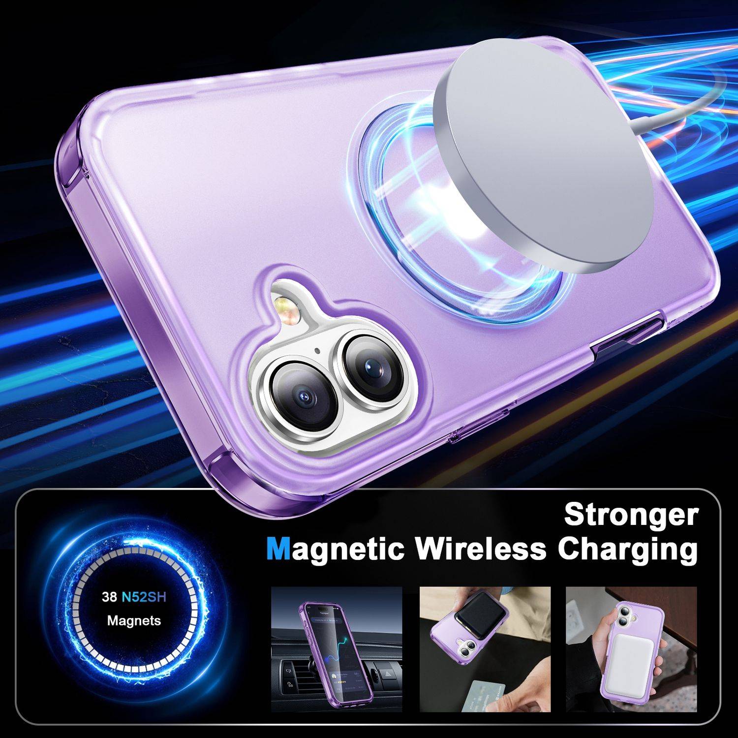 Für Apple iPhone 16 Plus Frosted Skin Feel MagSafe Ring Halterung 360-Grad Hülle Lila