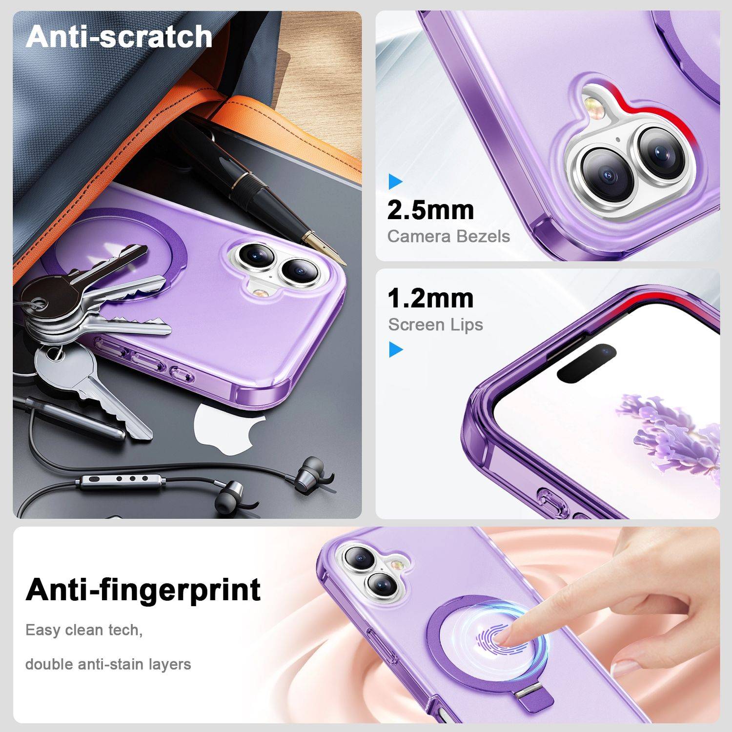 Für Apple iPhone 16 Plus Frosted Skin Feel MagSafe Ring Halterung 360-Grad Hülle Lila