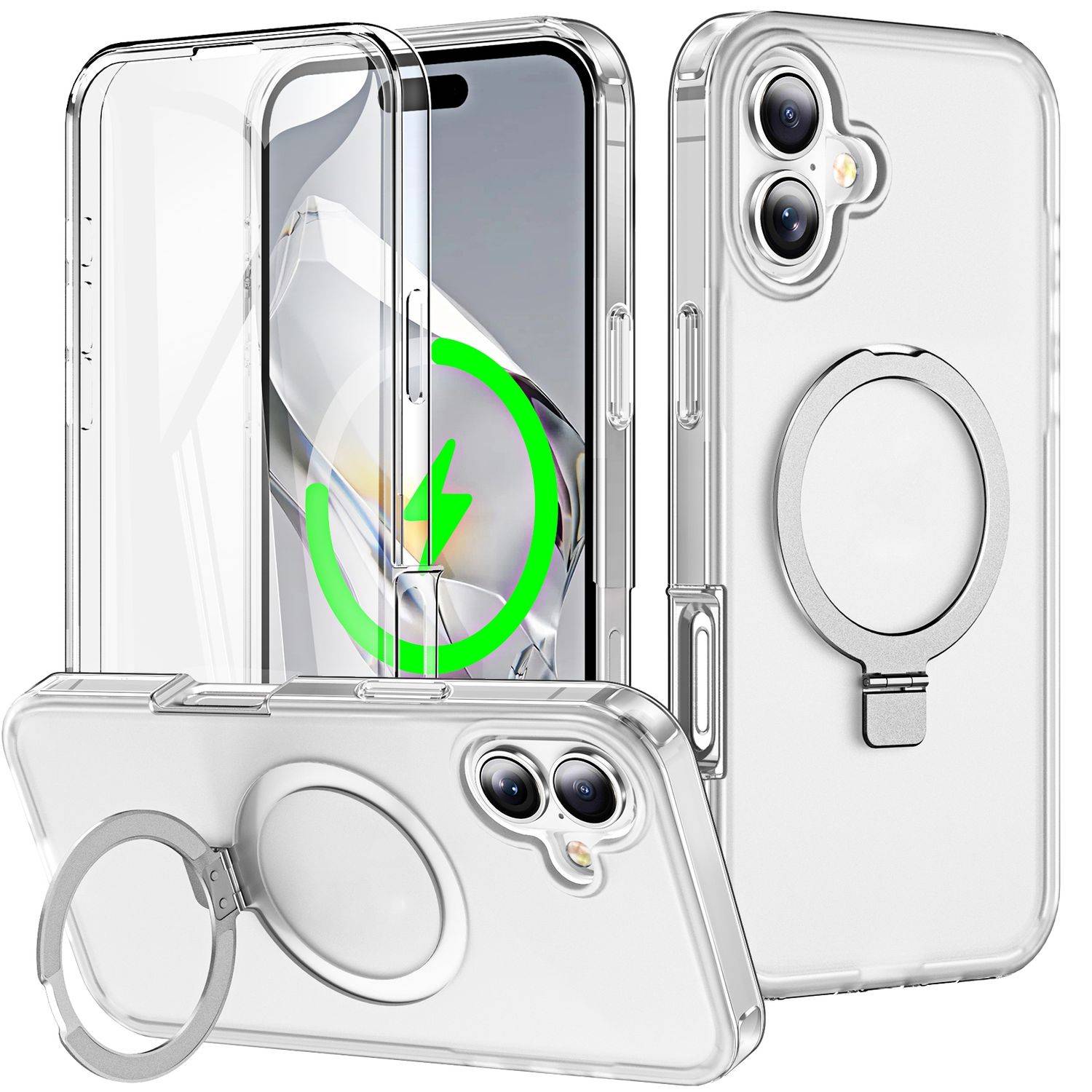 Für Apple iPhone 16 Plus Frosted Skin Feel MagSafe Ring Halterung 360-Grad Hülle Transparent